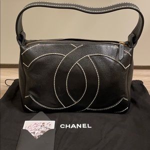 CHANEL Vintage Surpique White Leather Black Stitching Bag- Card, Booklet